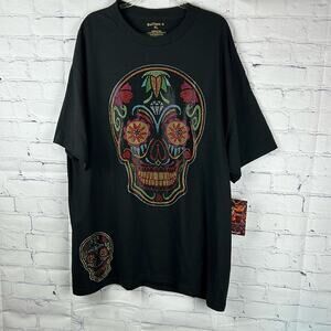 NWT Bulltees Boutique Brand Dia de los Muertos Skull Rhinestone Tee  Size XL